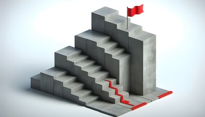 Fototapeta premium Concrete stair steps arranged progressively higher, ending with a red flag on the highest step. Isolated on a white background, concept of success. 3D Rendering
