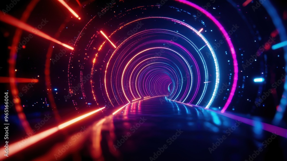 Poster a vibrant neon tunnel with glowing lights creating a mesmerizing effect, perfect for futuristic and 