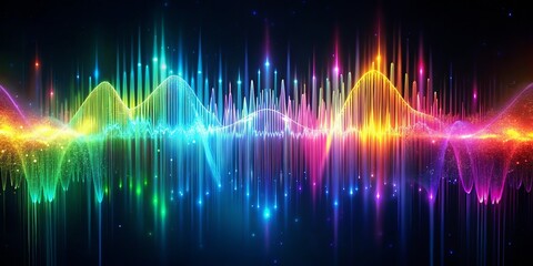 Ethereal fluxwave audio data pulses through digital interfaces, awaiting download, a shimmering cascade of sound that