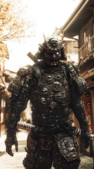 A samurai wearing menacing armor made from oni material, with a helmet, walking through an Edo period town during bright daylight