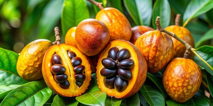 Exotic tropical nance fruit ripens to reveal a sweet and tender yellow-orange flesh, concealing several large dark