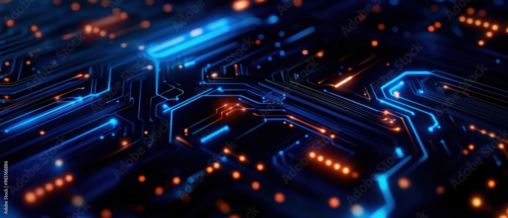 Poster close-up view of an intricate circuit board featuring blue light trails and glowing components, perf