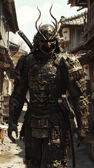 Fototapeta premium A samurai wearing menacing armor made from oni material, with a helmet, walking through an Edo period town during bright daylight