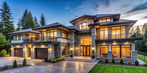 Obraz premium Luxurious modern mansion in North America, luxury, house, home, architecture, residential, property, real estate