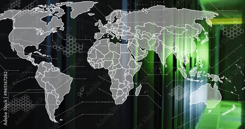 Poster animation of world map and digital data processing over computer servers