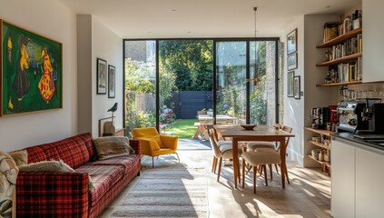 Interior of a living room with red sofa, table, chairs and yellow armchair. Created with Ai