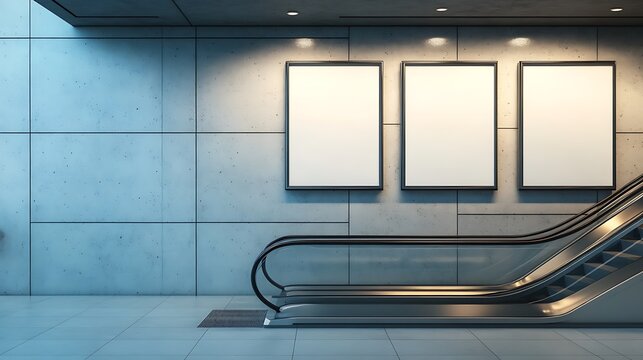 Escalator and Blank Billboard in Modern Subway Station - Powered by Adobe