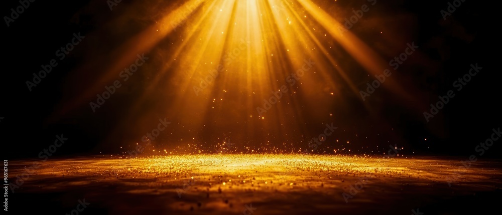 Poster golden light rays illuminate a dark background, creating a mystical and enchanting atmosphere perfec
