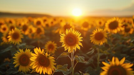 A field of yellow sunflowers with a sun in the background