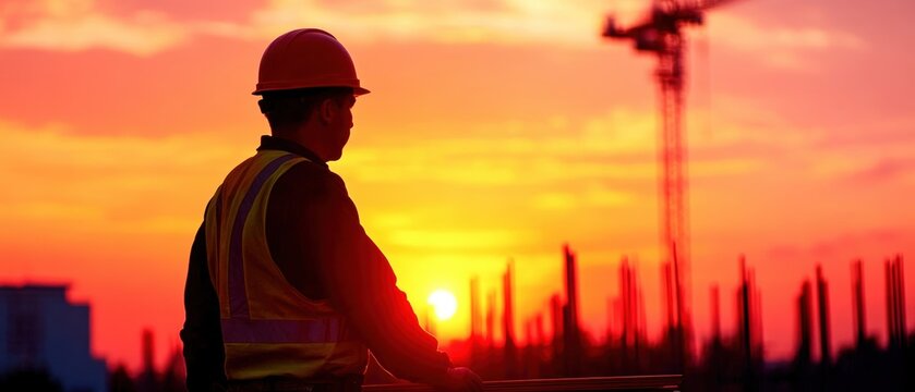 Silhouette of a construction worker at sunset, showcasing dedication and hard work in the building industry.