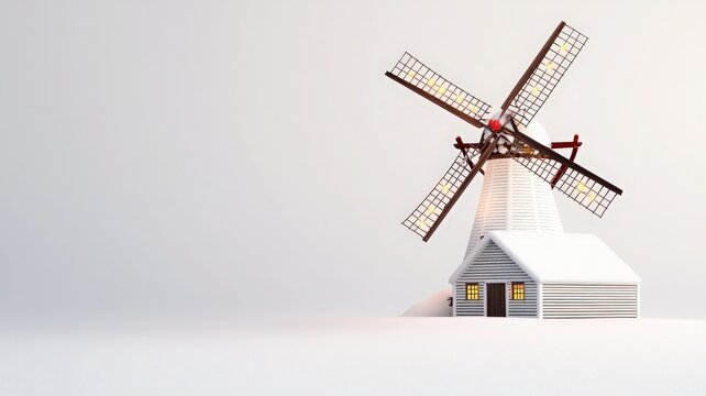 A charming miniature windmill with a cozy house, set against a minimalistic background, perfect for themed decor or seasonal use.