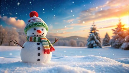 Obraz premium Snowman standing in a snowy landscape, snowman, winter, cold, frosty, snow, Christmas, holiday, white, fun, cheerful, seasonal