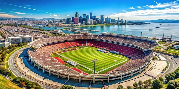 A sun-kissed day at Levi's Stadium, the grassy gridiron stretching to the San Francisco Bay, a cityscape unfolding in the distance.