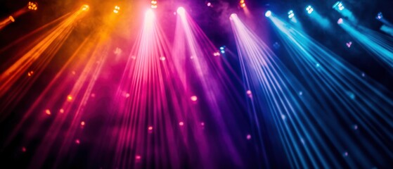 Fototapeta premium Vibrant stage lights illuminate a dark space, creating a colorful and dynamic atmosphere perfect for performances and events.
