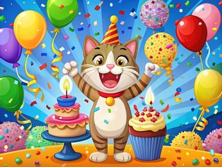 Fototapeta premium A triumphant cartoon cat cradles a trophy, amidst confetti, balloons, and a celebratory cake, in a playful scene of joyful festivities.