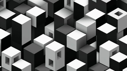 A dynamic arrangement of cubes showcases a modern, minimalistic pattern in bold black and white, highlighting high contrast and geometric shapes