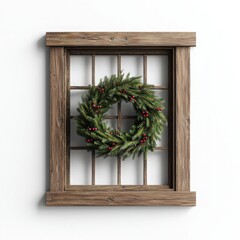 A charming wooden window frame with a festive wreath, perfect for holiday decor and seasonal inspiration.
