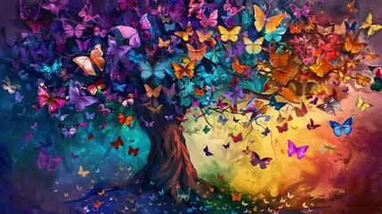 Vibrant butterfly tree with colorful hanging leaves, 3d abstract illustration background for interior mural painting, bright and elegant nature-inspired design for artistic wall decor or digital wallp