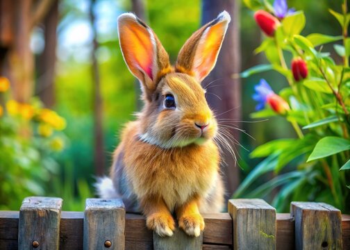 A vibrant, colorful coneja, also known as a Mexican rabbit, with soft, fluffy fur and long ears, perches on a rustic wooden fence in a garden.