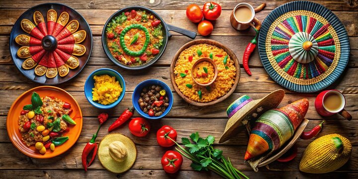 A vibrant, colorful collage of Spanish-themed circular objects, including sombreros, paella dishes, maracas, and fans, arranged harmoniously on a rustic wooden table.