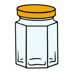 Hand-drawn glass jar with hexagonal ribbed base, isolated on white. Ideal for storing dry goods, jams, or pickled vegetables. Perfect for menus, cookbooks, recipes, or poster designs.
