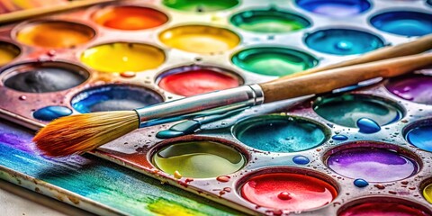 A watercolor palette and paintbrushes litter a table, contrasted by a lone tear drop falling from a paint blob, embodying creative frustration.