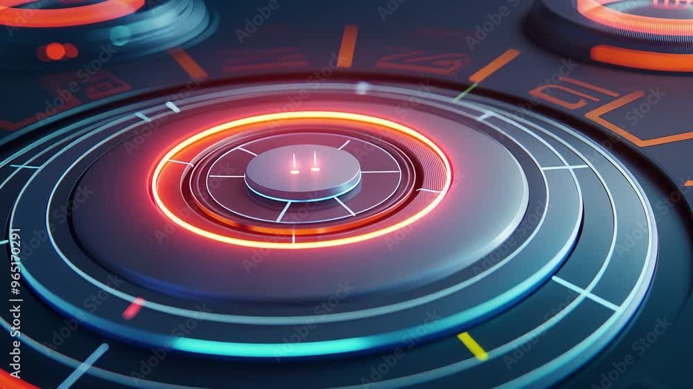 Poster futuristic interface with glowing circular elements and vibrant colors