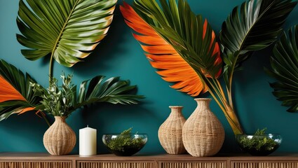 Tropical Elegance: Vibrant Wall with Woven Decor