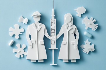 Collaborative Healthcare Heroes: Doctor and Nurse Unite with Giant Syringe in Paper Cut Style Representing Teamwork in Vaccinations
