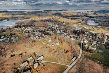 small European village in autumn aerial photo