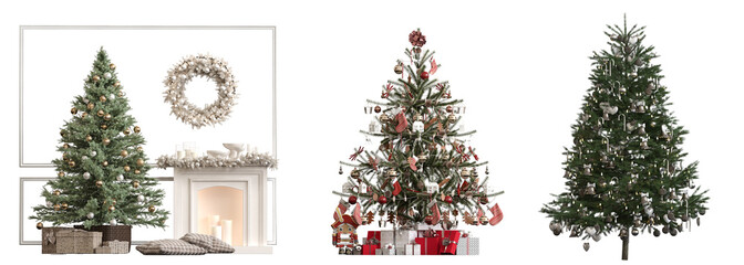 Christmas tree with decorations, set of New Year's trees, isolated on white background, 3D illustration, cg render
