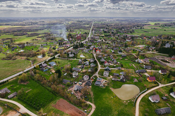 small European town in spring aerial photo