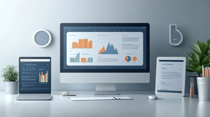 Modern Workspace with Desktop Computer  Laptop and Tablet Displaying Data Analysis Charts and Graphs