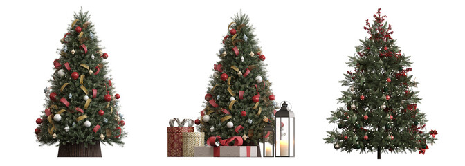 Christmas tree with decorations, set of New Year's trees, isolated on white background, 3D illustration, cg render
