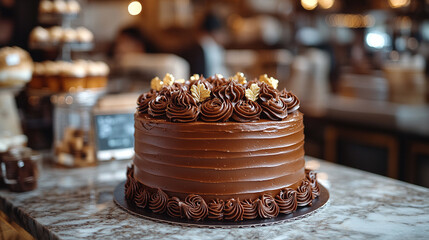 A beautifully decorated chocolate cake adorned with golden flowers, perfect for celebrations and special occasions.