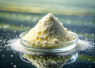 Benzoic acid powder forms a delicate patchwork on the glass surface, etched in crystalline whites and yellows, its texture delicate as a whisper.