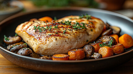 A beautifully plated roasted chicken breast with carrots and mushrooms, garnished with fresh herbs, ideal for culinary presentations.