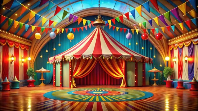 Colorful circus tent interior with whimsical decorations and playful atmosphere, vibrant, circus, tent, interior