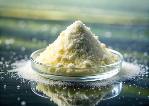 Benzoic acid powder forms a delicate patchwork on the glass surface, etched in crystalline whites and yellows, its texture delicate as a whisper.
