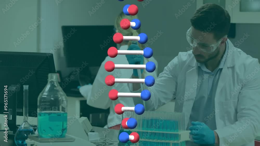 Poster animation of dna strand over diverse scientists working in lab