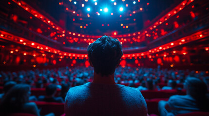 A captivating view of an audience immersed in a vibrant theater experience, illuminated by stunning red lights.