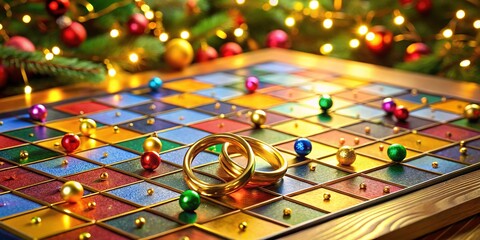 Brightly lit studio set featuring a festive holiday-themed game board with five shiny gold rings and a scoring system, surrounded by colorful confetti.