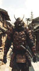 A samurai wearing menacing armor made from oni material, with a helmet, walking through an Edo period town during bright daylight