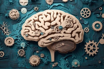Intricate Paper Cut Human Brain with Gears and Medical Symbols Symbolizing Mind-Body Connection in Healthcare