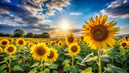Fototapeta premium Golden sunflowers sway in the gentle breeze, their bright yellow petals unfolding like rays of sunshine beneath a
