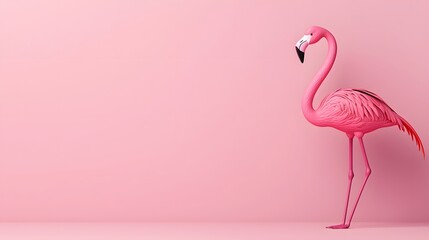 Fototapeta premium A vibrant pink flamingo stands on one leg, showcasing its elegant neck and feathers against a soft pink background, radiating tranquility and grace. 3D Animal Concept