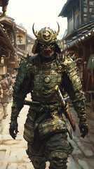 Obraz premium A samurai wearing menacing armor made from oni material, with a helmet, walking through an Edo period town during bright daylight