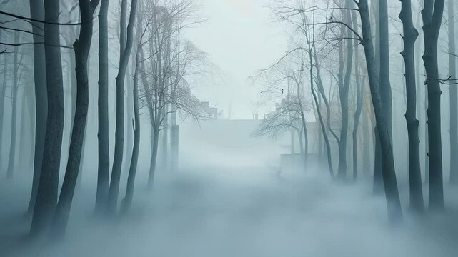 A misty forest scene, showcasing tall trees shrouded in fog