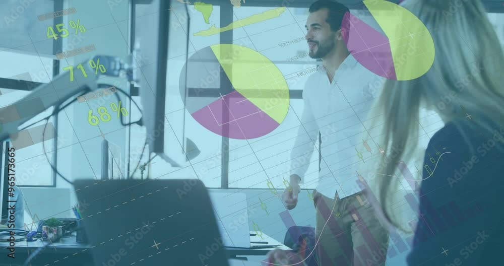 Poster animation of financial data processing over diverse colleagues working in office