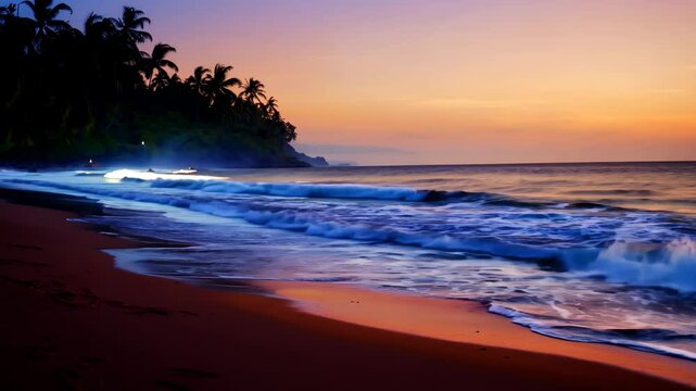 Scenic tropical beach at sunset with waves gently crashing on the shore, silhouetted palm trees, and a vibrant sky transitioning from warm oranges to deep blues, creating a serene and picturesque coas